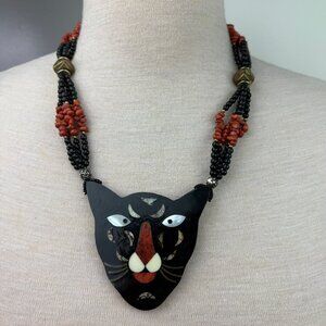 Vintage MOP Inlay Panther Cat Beaded Necklace Pendant 23.5"